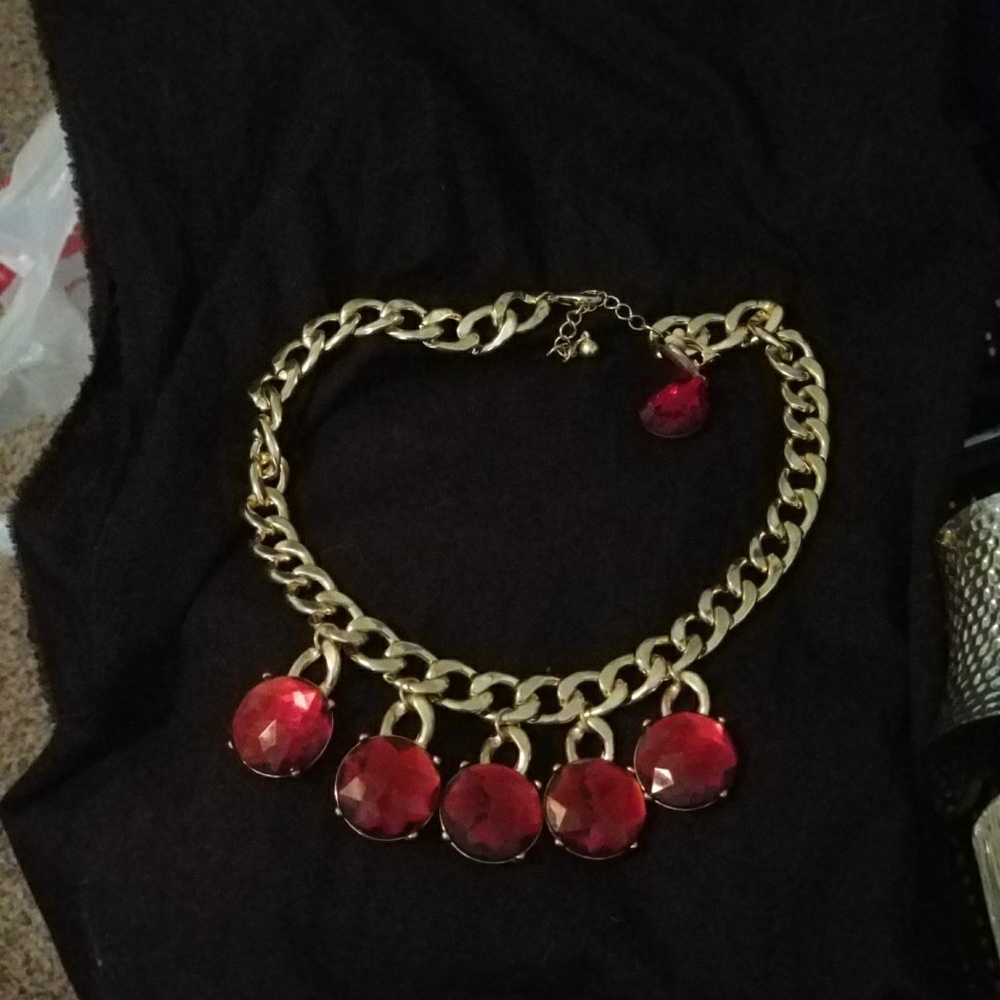 Red rhinestone gold statement necklace